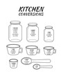 Kitchen conversions chart. Basic metric units of cooking measurements. Most commonly used volume measures, weight of liquids. Vector outline illustration.