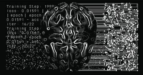 Aufkleber - Surreal futuristic composition with printed circuit board and brain on the dark background. Sci-fi vector illustration made in pixel art style.