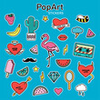  Set of vector stickers in pop art style. Collection of patches in vintage style. Bright icons of hearts, fruits, diamonds, accessories, ice cream, birds, cacti, music and more.