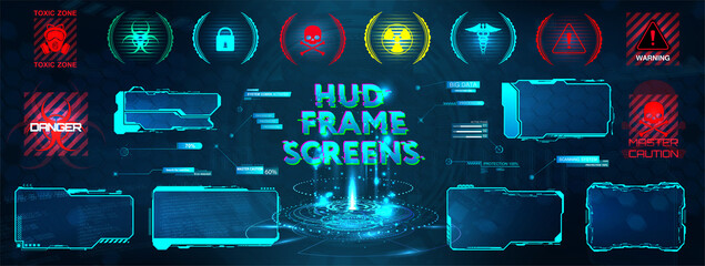 Wall Mural - GUI, HUD, UI futuristic frame screen, Callouts titles and Hologram digital info bars. UI Callout bar labels box. Info template Futuristic User Interface. Vector Sci-fi border frame GUI. Screens HUD