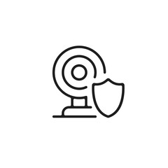 Poster - Security camera icon. Outdoor home security, surveillance, webcam, cctv system protection, privacy concepts. Web camera and shield. Vector line icon
