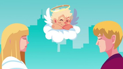 Wall Mural - happy valentines day card with cupid angel flying and blond lovers couple