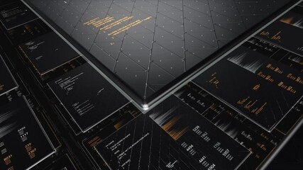 Poster - Flying through futuristic technological interface with big data analysis. Animation. Modern high tech program with artificial intelligence elements.