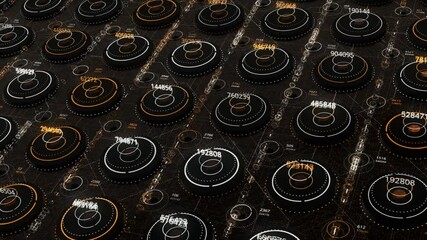 Poster - Futuristic technological abstract motion background, seamless loop. Animation. Endless rows of energy rotating same size circles and changing numbers.