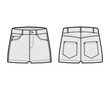 © Vectoressa - Denim hot short pants technical fashion illustration with micro length, low waist, low rise, 5 pockets. Flat bottom apparel template front, back, grey color style. Women, men, unisex CAD mockup