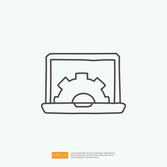 Poster - engineering related doodle concept with laptop and gear symbol sign. maintenance icon with computer repair symbol. stroke line vector illustration