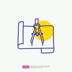 Poster - architecture compass and paper icon. engineering related doodle concept. measure and architect drawing sign symbol. fill color line vector