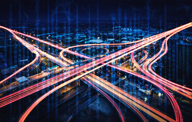 Futuristic road transportation technology with digital data transfer graphic showing concept of traffic big data analytic and internet of things .