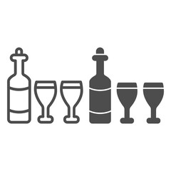 Poster - Wine bottle and glasses line and solid icon, Thanksgiving Day concept, harvest celebrating wine composition sign on white background, Bottle and Wineglasses icon in outline style. Vector graphics.
