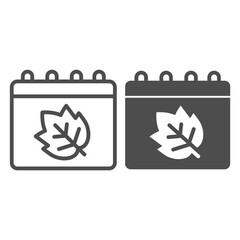 Poster - Calendar with leaf line and solid icon, Thanksgiving Day concept, Autumn leaves on date page sign on white background, Canadian Thanksgiving Day Calendar icon in outline style. Vector graphics.