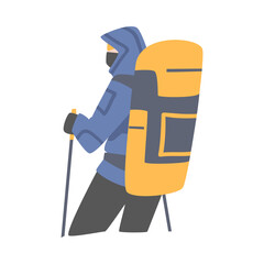 Sticker - Man Character with Backpack Ascending Mountain Vector Illustration