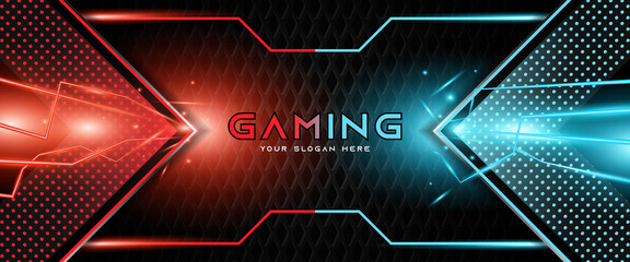 Poster - Futuristic red and blue abstract gaming banner design template with metal technology concept. Vector illustration for business corporate promotion, game header social media, live streaming background
