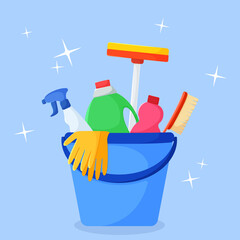 Vector image of a set for cleaning.  Household cleaning products. Illustration in flat style. Background blue. Cleaning products in a bucket

