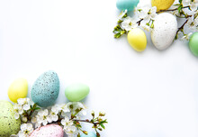 Colorful Easter Eggs With Spring Blossom Flowers