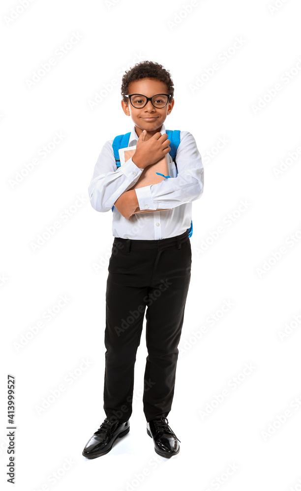 Little African-American schoolboy on white background