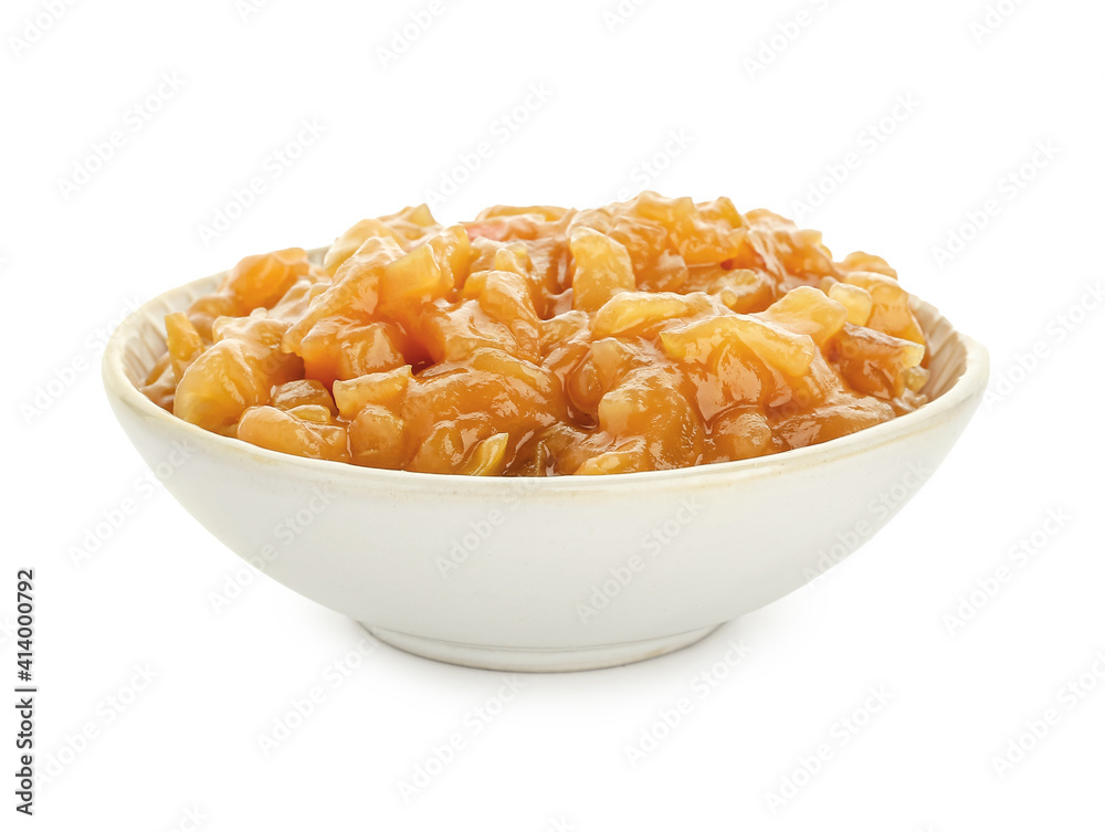 Bowl with sweet apple jam on white background