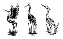 Heron Or Wader Birds Vector Icons, Black Hern Silhouettes Stand In Swamp Water With Reeds Isolated On White Side View Wading In Marsh, Egrets With Ornate Body For Tattoo Design, Monochrome Emblems Set