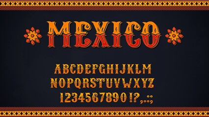 Mexican font of vector alphabet letters and numbers. Mexico ethnic type of uppercase characters, digits and punctuation marks, decorated with marigold flowers and Latin American folk patterns