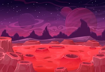 Poster - Alien planet vector landscape, red Mars land surface with craters and Saturn or Jupiter in purple starry sky. Fantasy nature background, martian extraterrestrial computer game scene, cartoon backdrop
