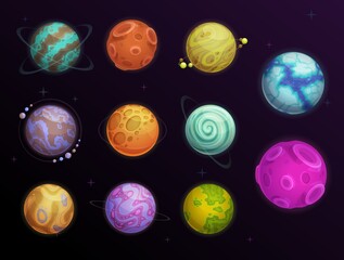 Poster - Fantasy planets with rings and satellites in space. Far alien words, galaxy exoplanets or deep space planets with water, ice and desert surface covered craters, moon or asteroid cartoon vector set