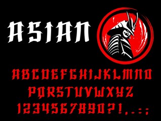 Poster - Asian font of English letters and numbers. Vector abc type or typeface in Japanese, Chinese and Korean oriental styles, calligraphy poster of uppercase characters and digits with samurai warrior