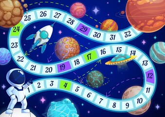 Aufkleber - Kids board game with astronaut in space vector template. Step boardgame with block path, numbers and cartoon cosmonaut character, planets or rocket. Educational children riddle for recreation activity