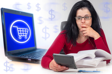 Poster - Sales on the Internet. E-business. Online store operation. The girl considers the profitability of her online store. The calculation of income and expenses.
