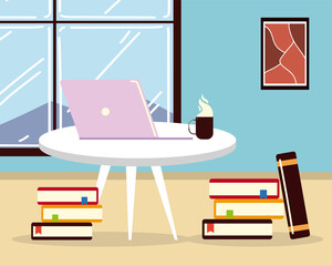 Sticker - work at home office table with laptop coffee cup books and window room