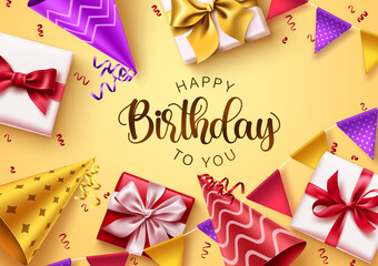 Wall Mural - Happy birthday text vector background design. Birthday typography in yellow background with colorful party elements and gifts for greeting card decoration. Vector illustration
