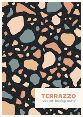 Fototapete - Vertical cover with terrazzo pattern and place for text. Template design with abstract background, scattered organic stones and irregular geometric shapes. Colored flat vector illustration