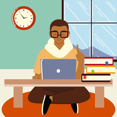 Poster - afro young man with laptop working sitting on the floor