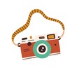 © Good Studio - Retro film photo camera with strap isolated on white background. Old analog photocamera. Hand-drawn colored flat vector illustration