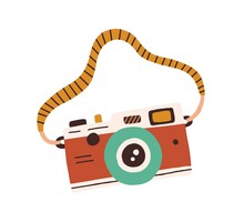 Retro Film Photo Camera With Strap Isolated On White Background. Old Analog Photocamera. Hand-drawn Colored Flat Vector Illustration