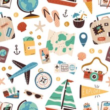 Seamless Pattern With Touristic Stuff Like Passport, Suitcase, Globe, Compass, Plane And Map. Endless Texture About Travel And Tourism. Colored Flat Vector Illustration Isolated On White Background