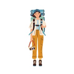 Young woman with backpack and camera ready for traveling. Female tourist or hiker in hiking clothes isolated on white background. Colored flat vector illustration