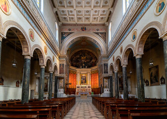 Sticker - Closeup shot of an empty interior of a cathedral