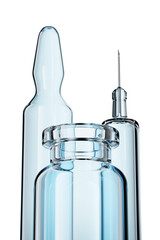 Wall Mural - Pre-filled syringe, vaccine vial and ampoule isolated. 3D rendering illustration.