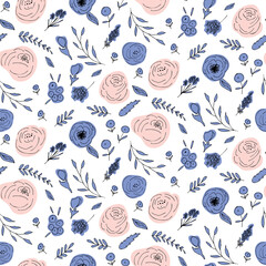 Poster - Floral vector seamless pattern with  flowers and leaves. Beautiful hand drawn flowers in  light pastel colors in vintage style.