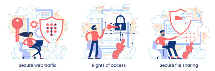 Poster - Secure data transmission concept. Access right. Safe file sharing. Protected web traffic. VPN. Analytical traffic assessment. Sharing documents. Graphic elements set. Vector illustration in flat style