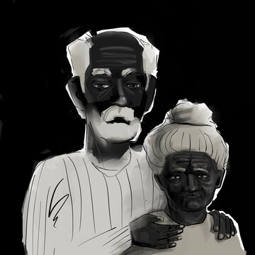 Old refugee couple. Portrait of Husband embracing wife. monochrome illustration
