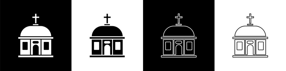 Set Santorini building icon isolated on black and white background. Traditional Greek white houses with blue roofs European culture. Vector.