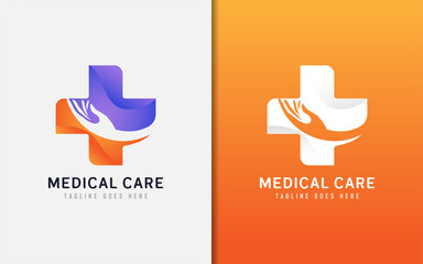 Poster - Medical Care Logo Design. Abstract Medical Cross Symbol Combine With Holding Hand Silhouette. Vector Logo Illustration.
