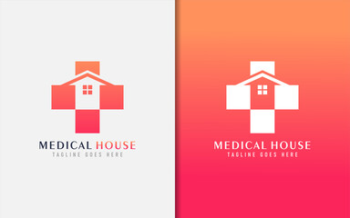 Wall Mural - Medical House Logo Design. Abstract Medical Cross Symbol Combine with House Silhouette. Vector Logo Illustration.