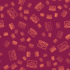 Brown line Software, web development, programming concept icon isolated seamless pattern on red background. Programming language and program code on screen laptop. Vector.