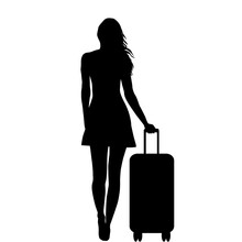 Full Length Of Young Female  Silhouette With  Travel Bag, Isolated On White Background