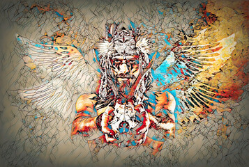Aufkleber - beautiful shamanic man with headband and deer skull.