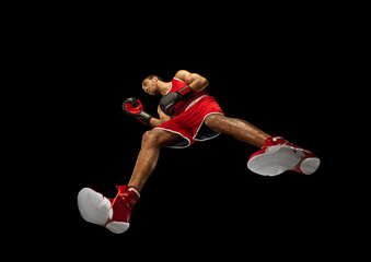 Wall Mural - Young african-american professional boxer in action, motion isolated on black background, look from the bottom. Concept of sport, movement, energy and dynamic, healthy lifestyle. Training, practicing.