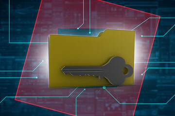 Poster - Key on locked yellow folder. 3D illustration
