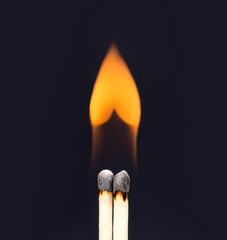 Heart shaped flame coming from a pair of burning matchsticks on a black background.