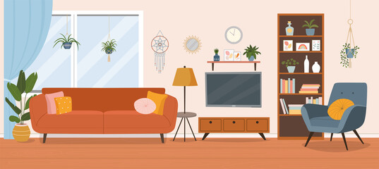 Wall Mural - Living room interior. Comfortable sofa, TV,  window, chair and house plants. Vector flat cartoon illustration.